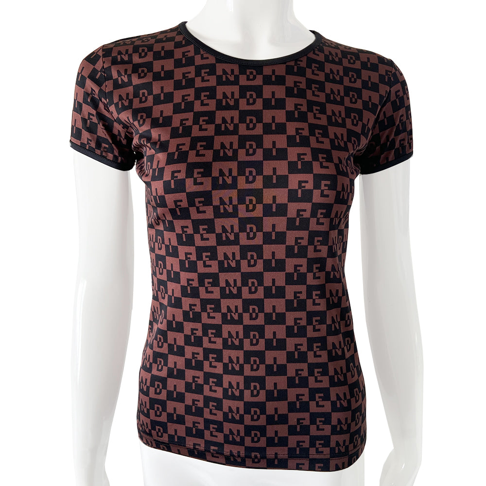 Fendi logo checkerboard short sleeve tee in black and brown with all over checkerboard and two-tone all over FENDI logo letters printed out. Tag Size: 42 Made in Italy