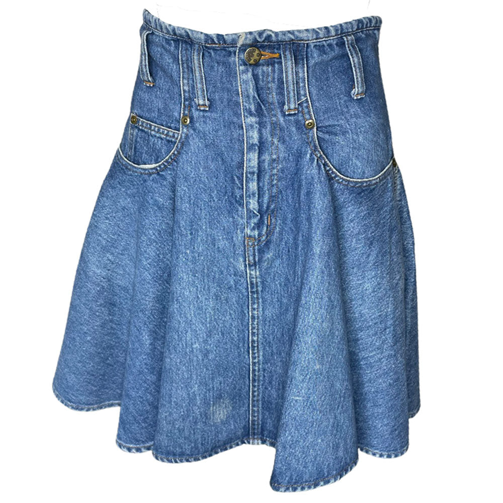 Fiorucci circa 90's high waisted flared light blue denim skirt with belt loops, front pockets with rivets, zip fly front closure with metal engraved logo button at top Fiorucci angel logo patch at back waist.