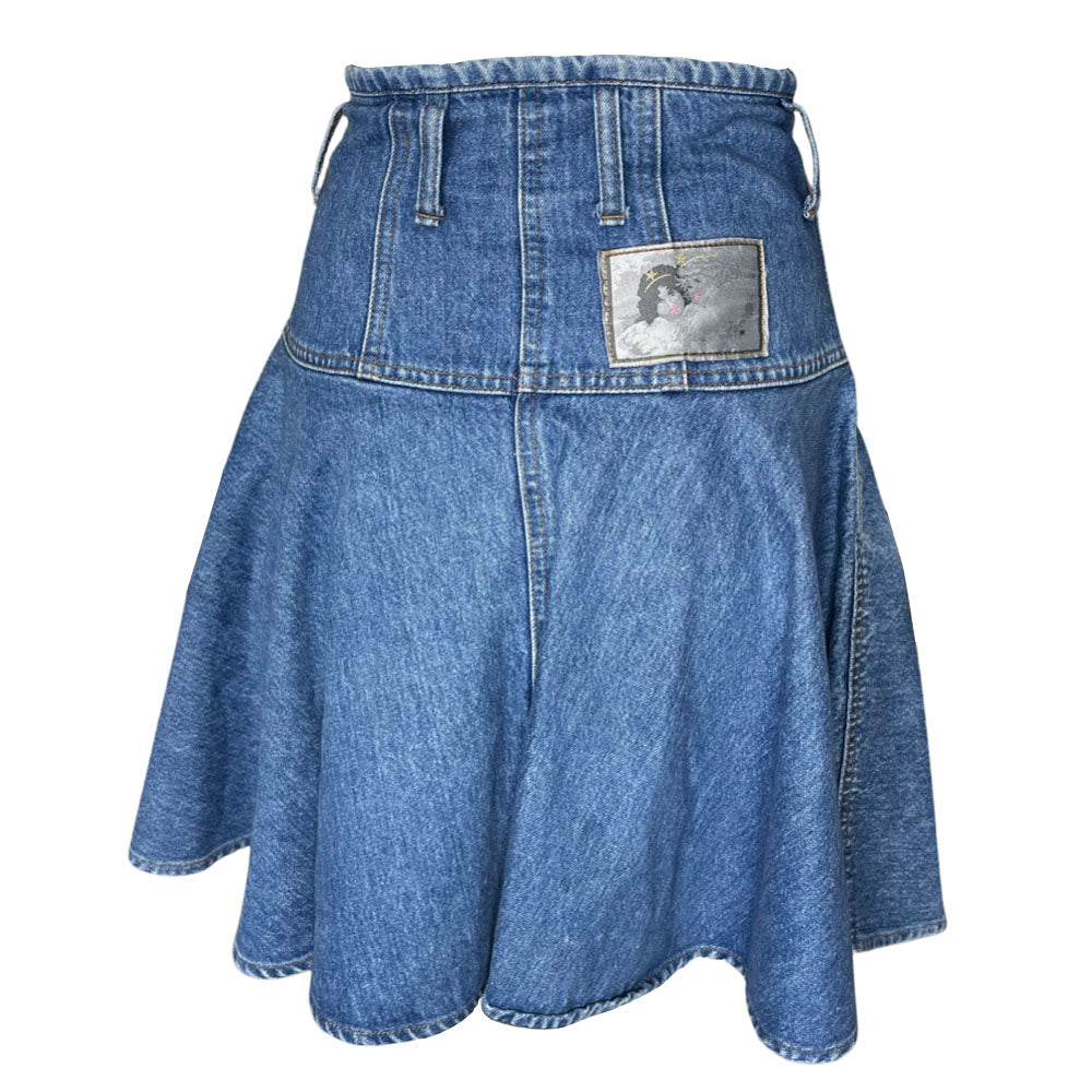 Fiorucci circa 90's high waisted flared light blue denim skirt with belt loops, front pockets with rivets, zip fly front closure with metal engraved logo button at top Fiorucci angel logo patch at back waist.