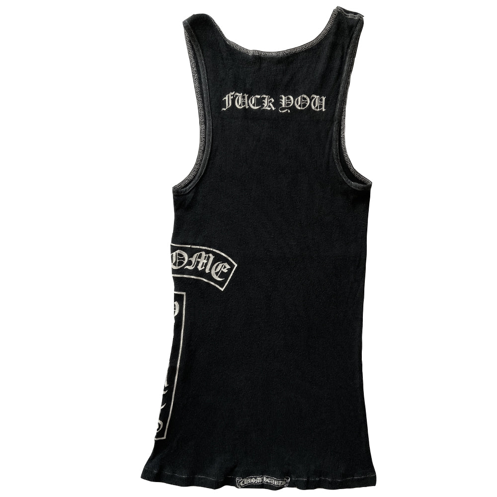 Chrome Hearts black Fuck You cross tank circa mid 2000's with cross at front chest, Chrome Hearts logo at side, Fuck You and on back and Chrome Hearts logo scroll on back lower hemline. White contrast stitching Tag size: S Made in USA