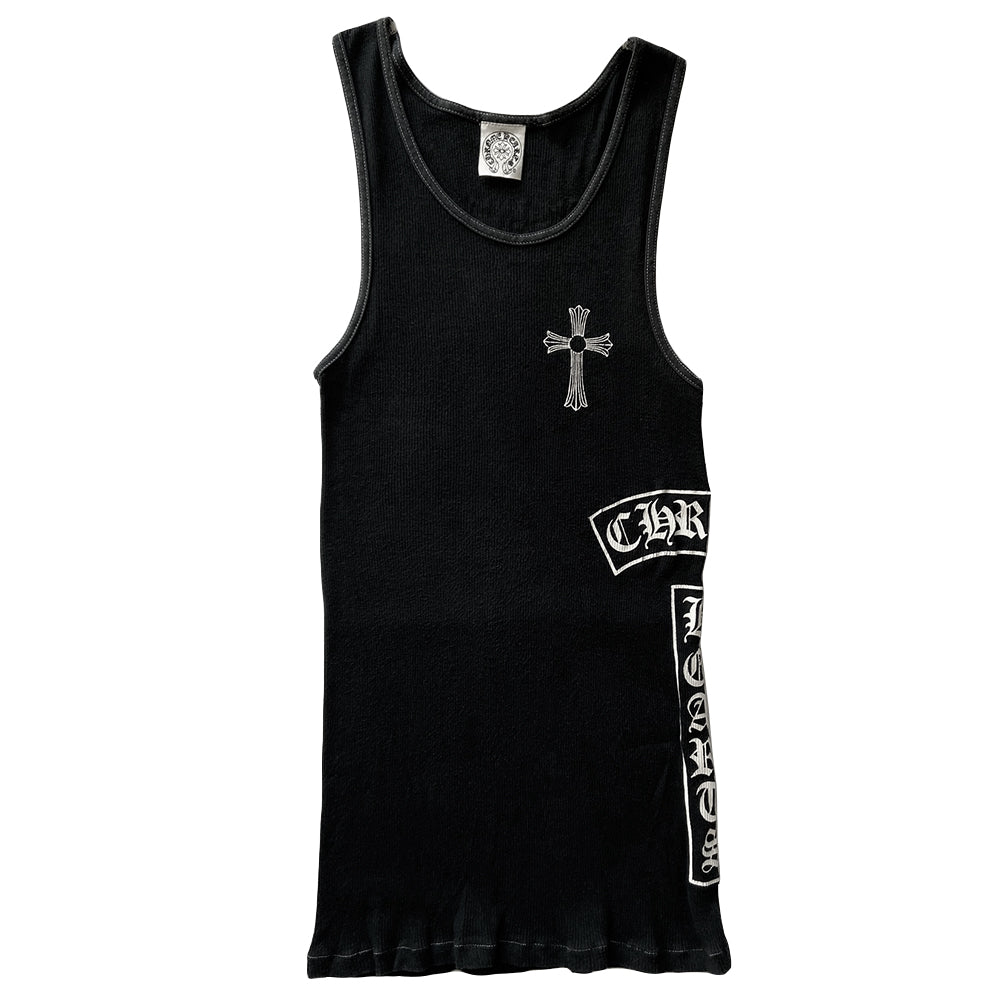 Chrome Hearts black Fuck You cross tank circa mid 2000's with cross at front chest, Chrome Hearts logo at side, Fuck You and on back and Chrome Hearts logo scroll on back lower hemline. White contrast stitching Tag size: S Made in USA