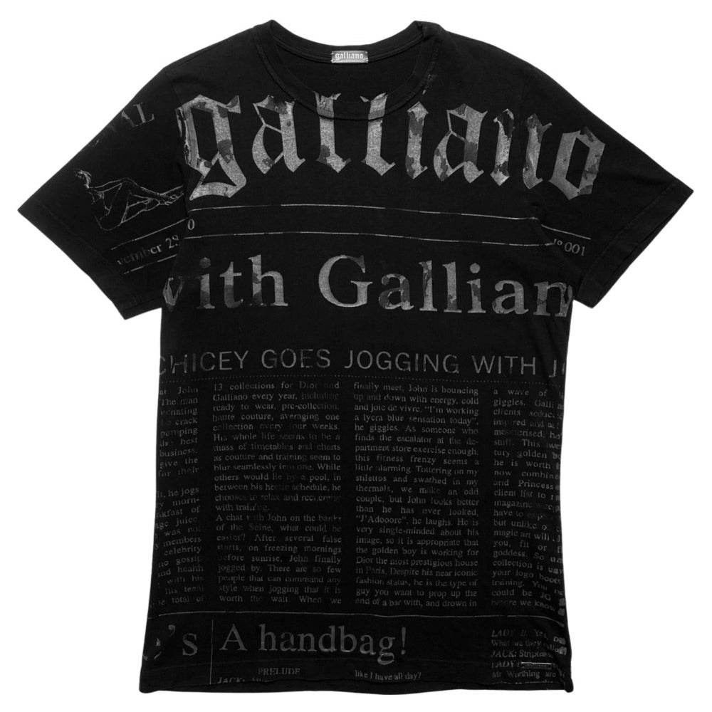 John Galliano Gazette unisex black newsprint tee with short sleeves and rounded neckline Made in Greece