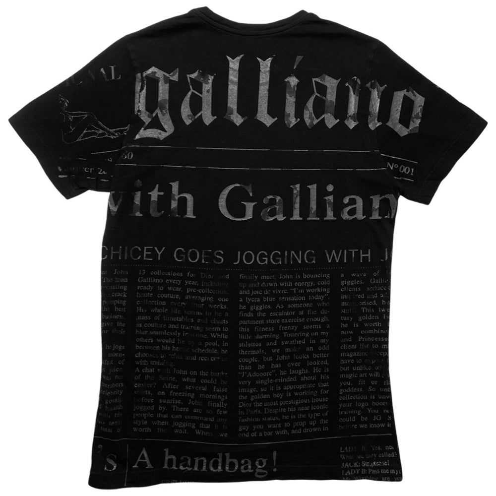 John Galliano Gazette unisex black newsprint tee with short sleeves and rounded neckline Made in Greece