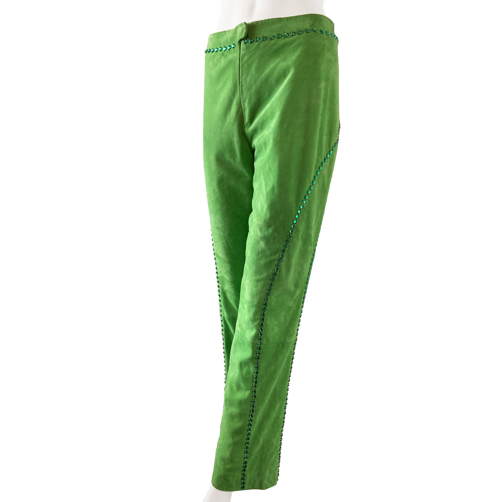 Very rare Gianni Versace Swarovski Crystal Suede Pants, circa late 80's early 90’s. High waisted with straight leg with invisible zipper and top hook front closure. Hand stitched rows of emerald colored swarovski crystals decorate the back, front and waistband Fabric: 100% suede leather, Acetate/Rayon lining