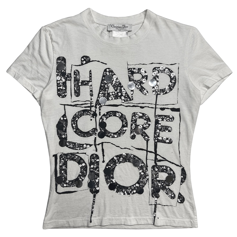 Christian Dior Hardcore Dior white short sleeve crew neck tee by John Galliano for Dior, S/S 2005 with sequin and glass beading embellishments on black print at front. Made in France