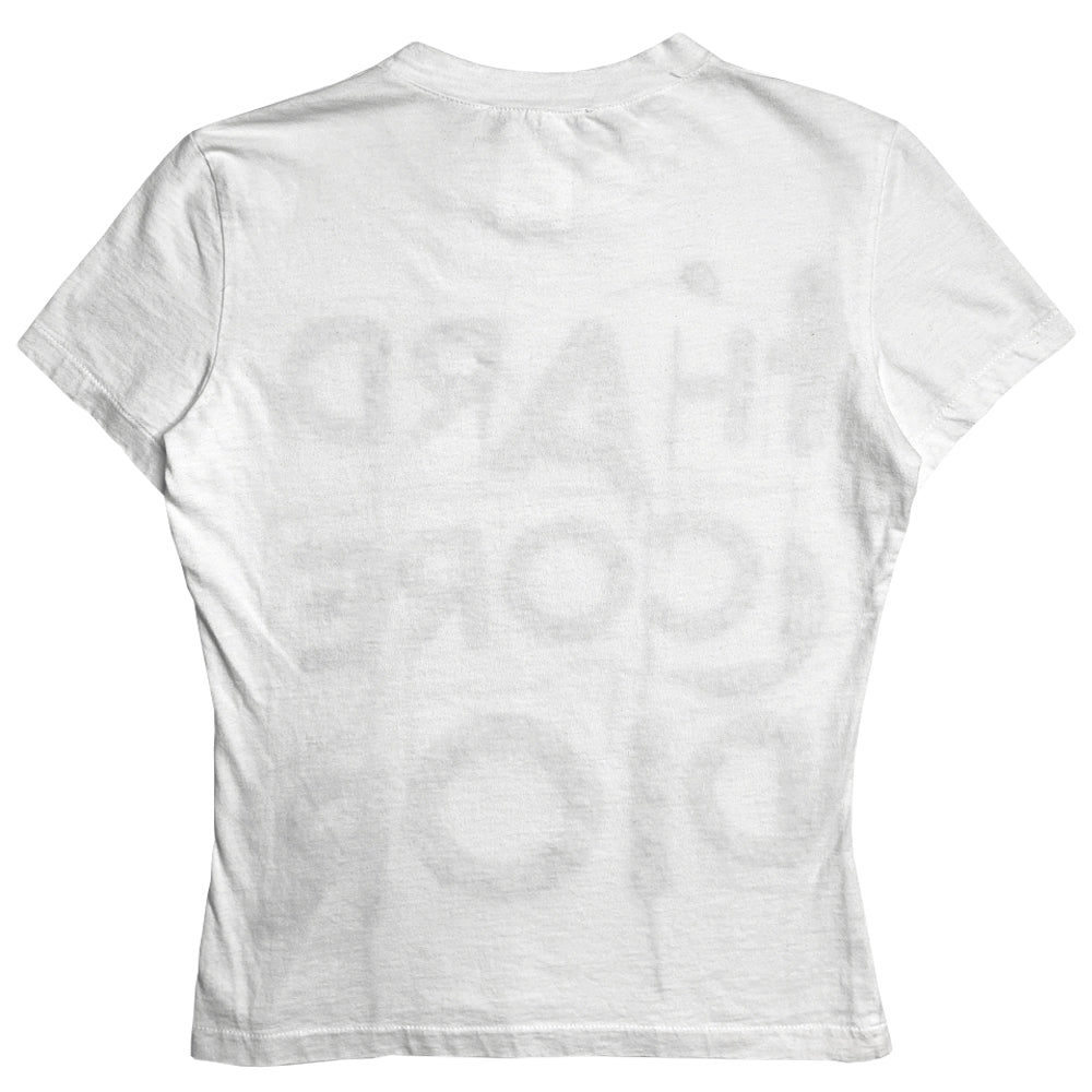 Christian Dior Hardcore Dior white short sleeve crew neck tee by John Galliano for Dior, S/S 2005 with sequin and glass beading embellishments on black print at front. Made in France