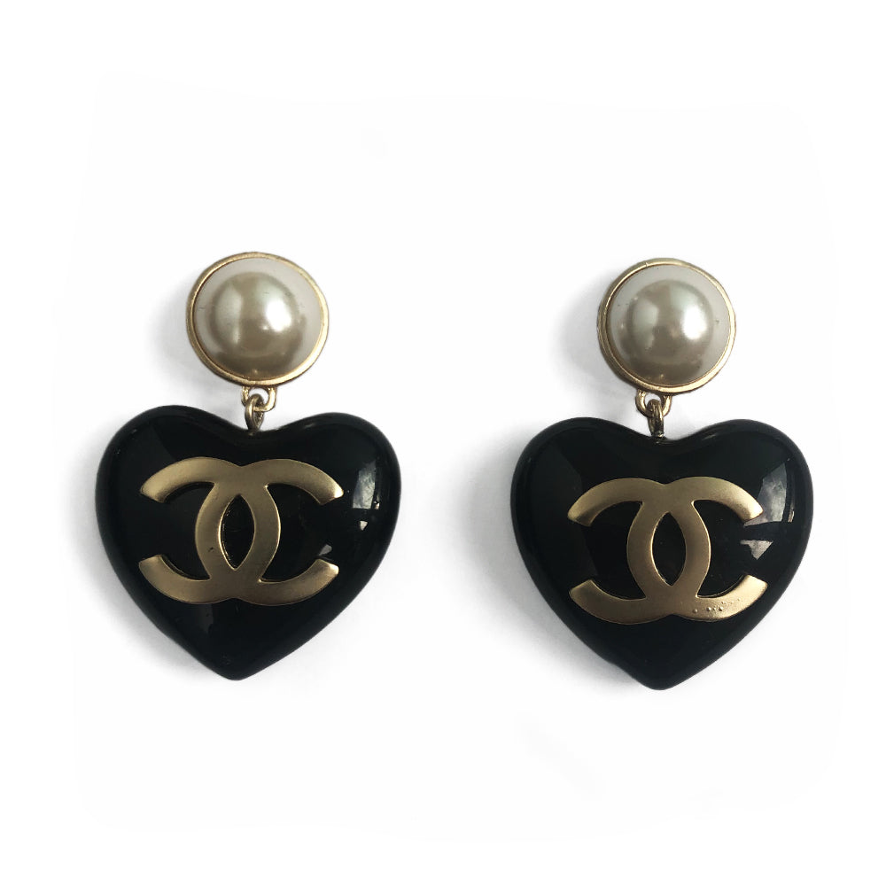 Very Rare Black Chanel Heart Pearl Earrings