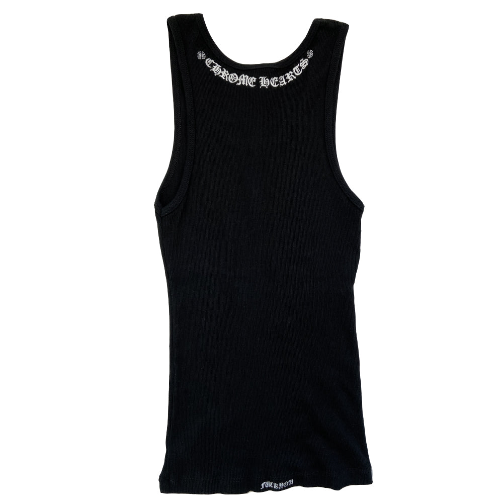 Chrome Hearts black heart logo tank circa early 2000’s. Heart design at chest with Chrome Hearts logo along back neckline, Fuck You at bottom hem Tag Size: O/S Made in USA
