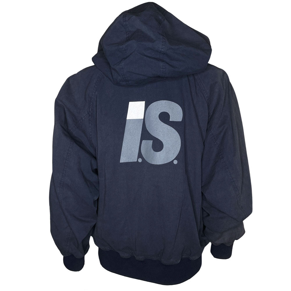 Issey Miyake by Tsumori Chisato navy zip hooded jacket with 2 front angled button flap pockets, ribbed cuffs and bottom hem, I.S. printed on back. Reversible with Interior lined in light grey jersey with two inner slip pockets. Made in Japan