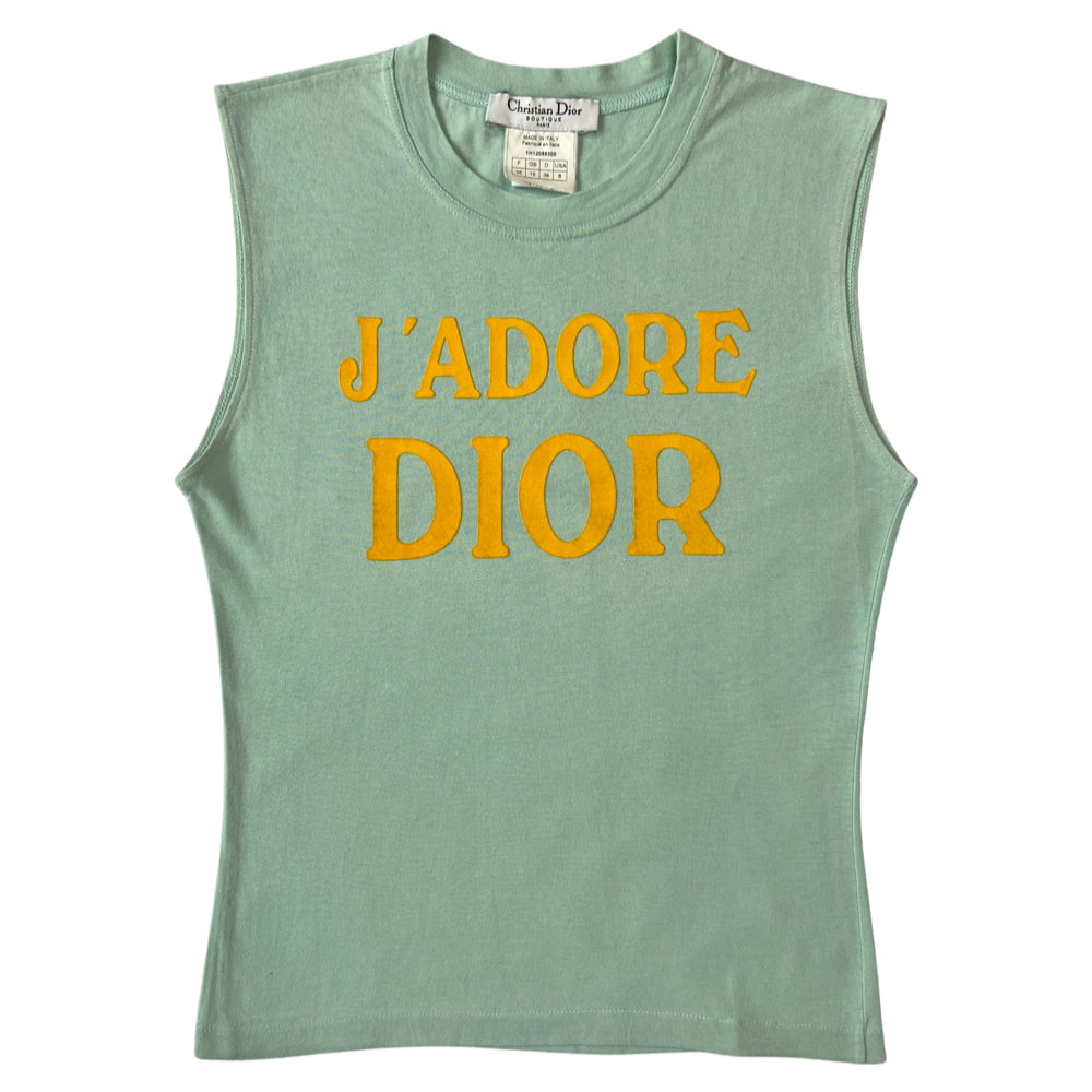 Christian Dior J’Adore Dior 1947 World Champion light blue with yellow letters sleeveless tee John Galliano for Christian Dior, FW 2001 with velvety appliqué lettering front and back. J’Adore Dior in front with World Champion 1947 in back. Made in Italy