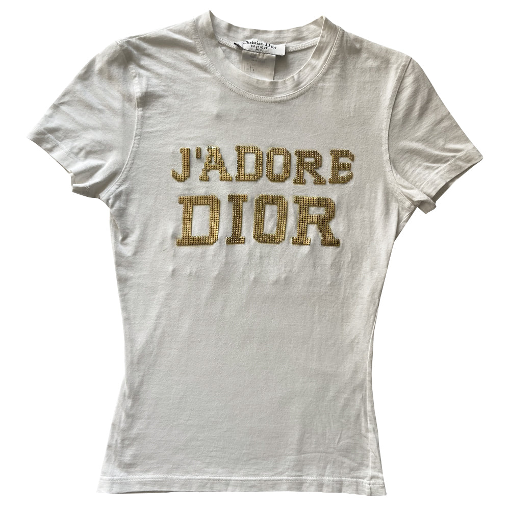 Christian Dior J’Adore Dior Latest Blonde short sleeve tee John Galliano for Christian Dior, Autumn 2003 with J’Adore Dior in front, Latest Blonde in back printed in gold-tone chainmail. Made in Italy.
