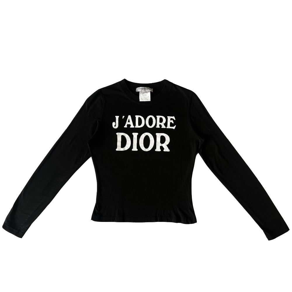 Christian Dior J’Adore Dior 1947 World Champion long sleeve tee by John Galliano for Christian Dior, winter 2001 with white velvet lettering J’Adore Dior in front and World Champion 1947 in back. Made in Italy