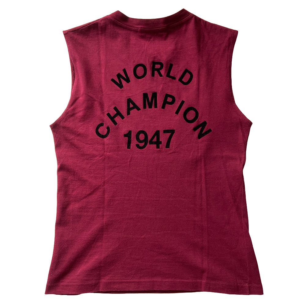 Christian Dior J’Adore Dior World Champion sleeveless crew neck tee in raspberry with black velvet lettering from John Galliano 2001. J’Adore Dior printed in front and World Champion 1947 on back. Fabric: 100% cotton Size: FR 36 Made in Italy