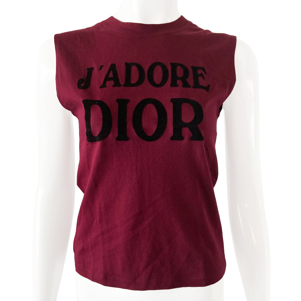 Christian Dior J’Adore Dior World Champion sleeveless crew neck tee in raspberry with black velvet lettering from John Galliano 2001. J’Adore Dior printed in front and World Champion 1947 on back. Fabric: 100% cotton Size: FR 36 Made in Italy
