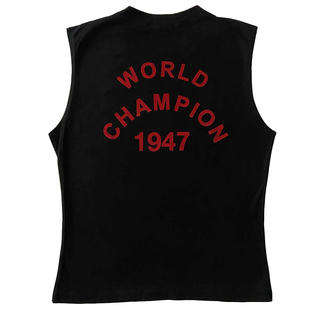 Christian Dior black J’Adore Dior 1947 World Champion sleeveless tee by John Galliano for Christian Dior, Autumn 2002 with red velvet lettering J’Adore Dior in front with World Champion 1947 on back. Made in Italy