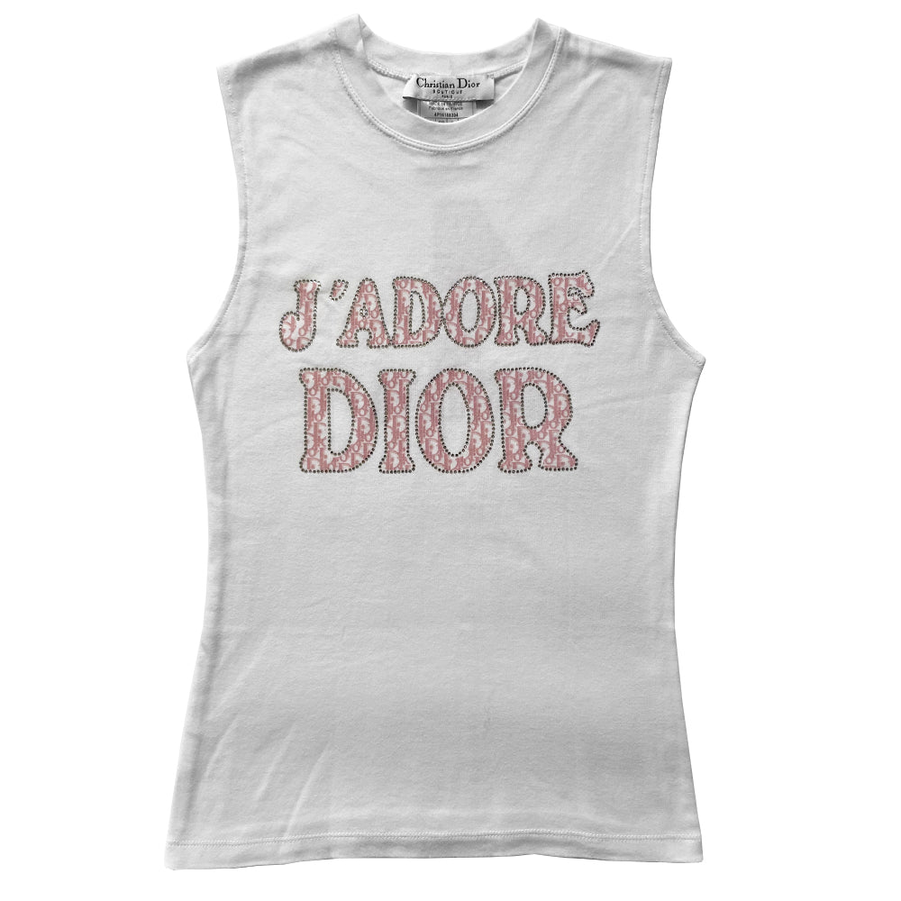 Christian Dior J’Adore Dior crystal embellished pink monogram on white sleeveless tee from John Galliano for Dior, spring 2004. Crystal embellished J’Adore Dior in pink Diorissimo front and No 1 in back. Made in France.