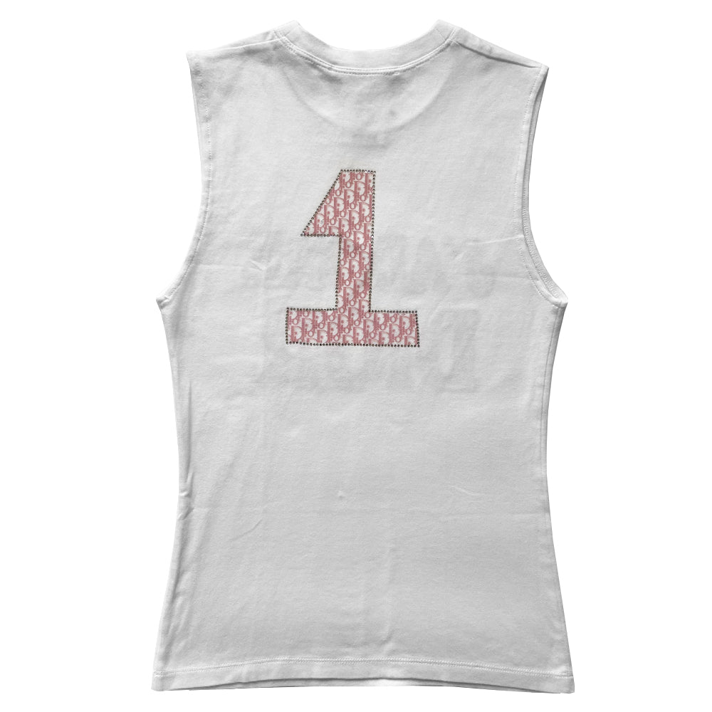 Christian Dior J’Adore Dior crystal embellished pink monogram on white sleeveless tee from John Galliano for Dior, spring 2004. Crystal embellished J’Adore Dior in pink Diorissimo front and No 1 in back. Made in France.