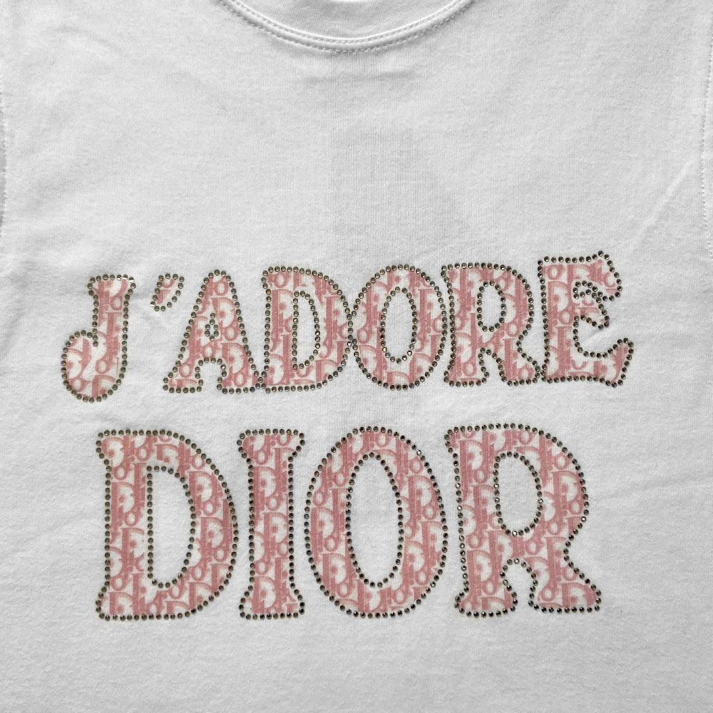 Christian Dior J’Adore Dior crystal embellished pink monogram on white sleeveless tee from John Galliano for Dior, spring 2004. Crystal embellished J’Adore Dior in pink Diorissimo front and No 1 in back. Made in France.