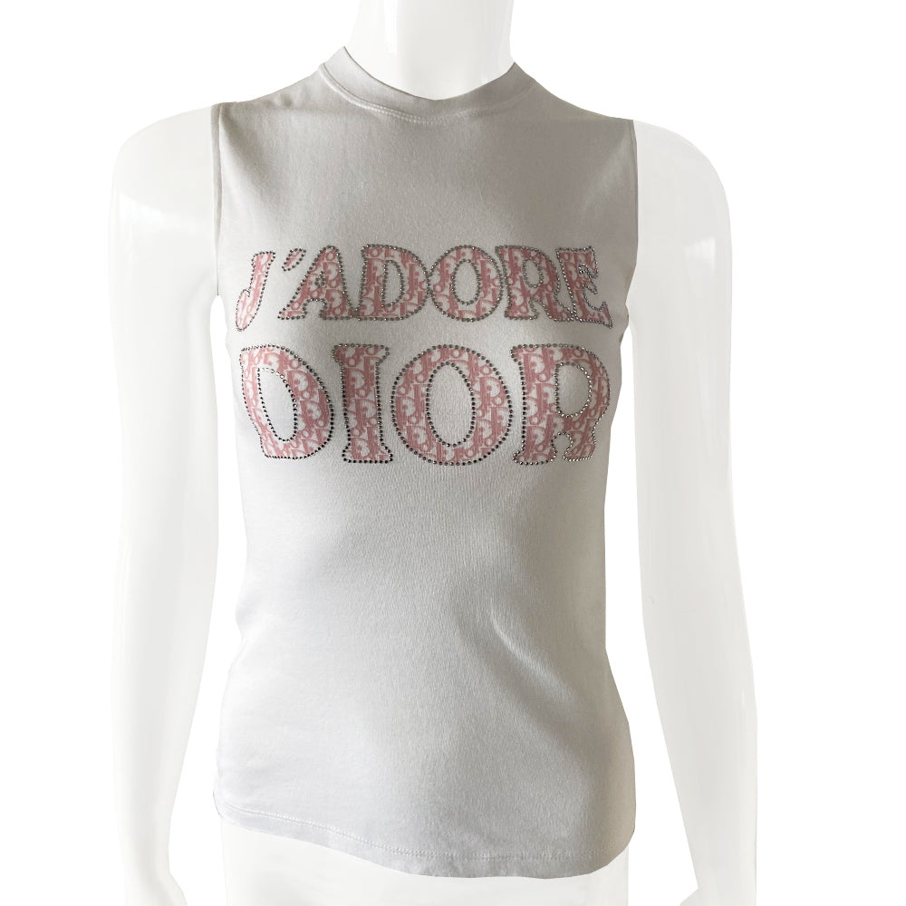 Christian Dior J’Adore Dior crystal embellished pink monogram on white sleeveless tee from John Galliano for Dior, spring 2004. Crystal embellished J’Adore Dior in pink Diorissimo front and No 1 in back. Made in France.