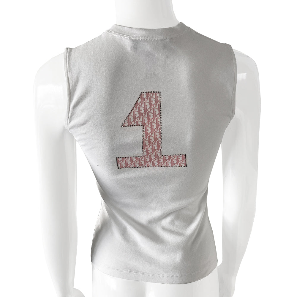 Christian Dior J’Adore Dior crystal embellished pink monogram on white sleeveless tee from John Galliano for Dior, spring 2004. Crystal embellished J’Adore Dior in pink Diorissimo front and No 1 in back. Made in France.