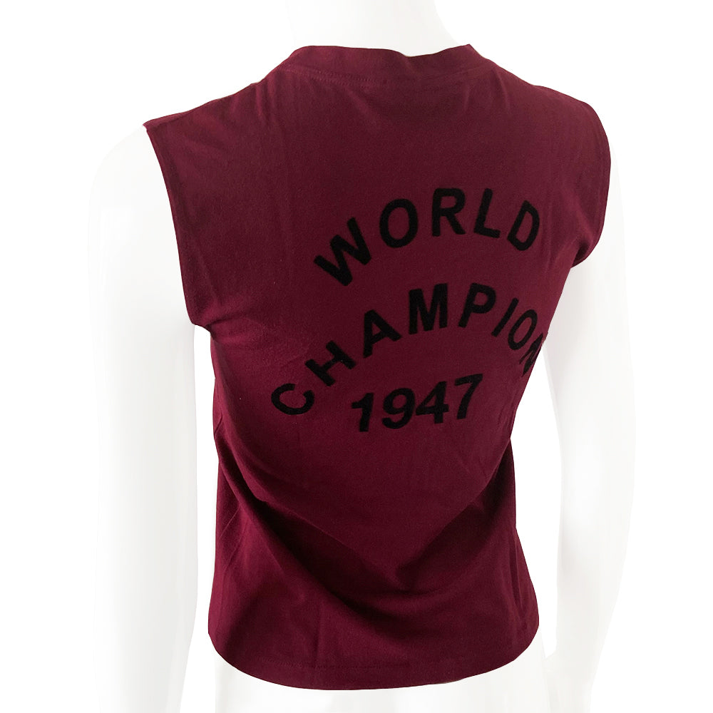 Christian Dior J’Adore Dior World Champion sleeveless crew neck tee in raspberry with black velvet lettering from John Galliano 2001. J’Adore Dior printed in front and World Champion 1947 on back. Fabric: 100% cotton Size: FR 36 Made in Italy