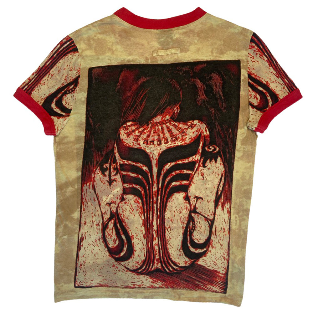 Jean Paul Gaultier Homme, circa 1994, short sleeve tee with contrast red crew neck and sleeve bands featuring a woman with tribal tattooed body. Size: 48 Made in Japan