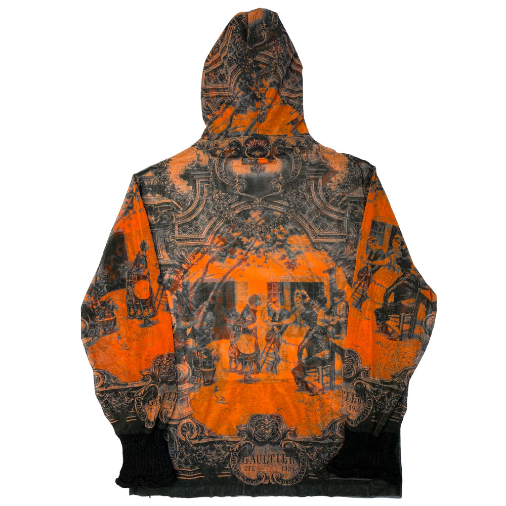Jean Paul Gaultier orange and black sheer hooded long sleeve mesh top by Jean Paul Gaultier Classique, summer 1998 with ribbed black mohair wool edging around the hood and the sleeve hems. Made in Japan