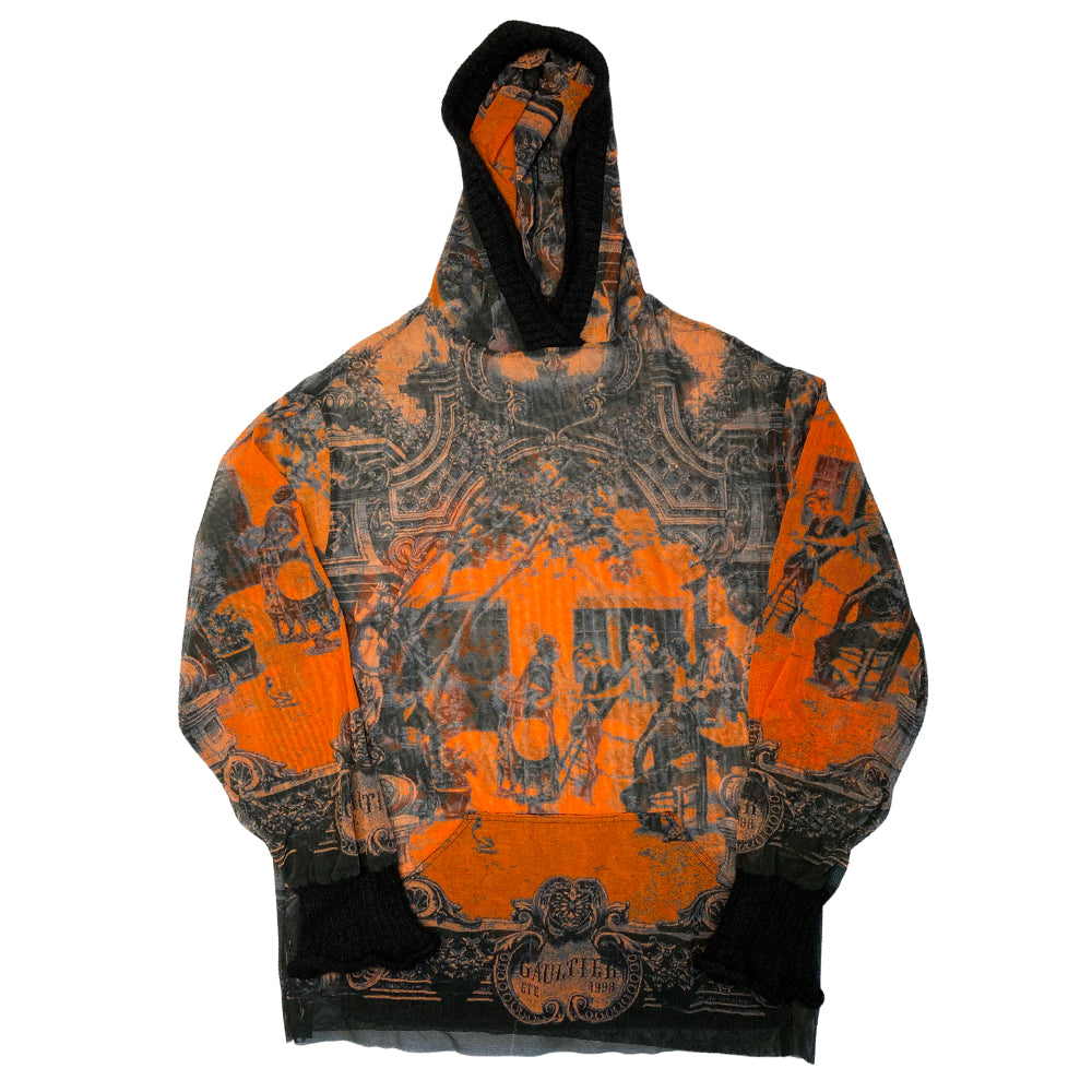 Jean Paul Gaultier orange and black sheer hooded long sleeve mesh top by Jean Paul Gaultier Classique, summer 1998 with ribbed black mohair wool edging around the hood and the sleeve hems. Made in Japan