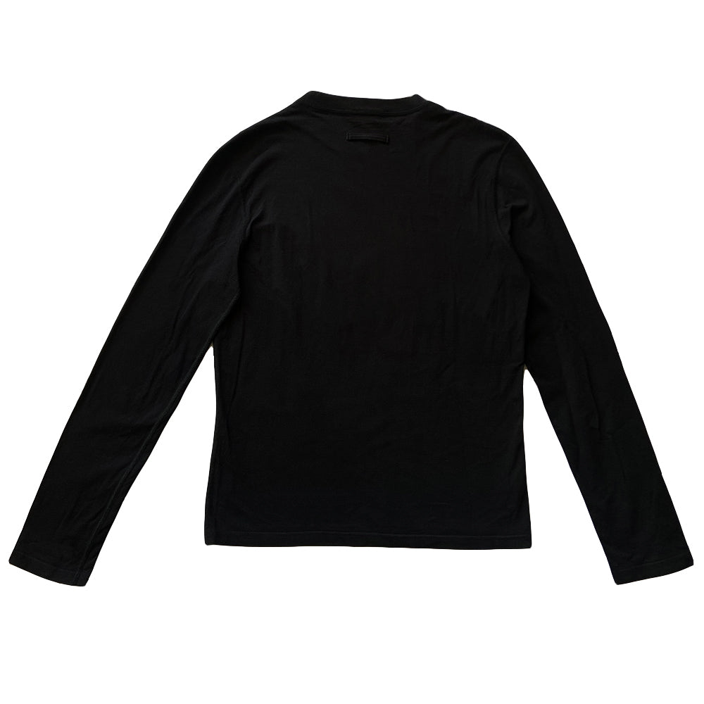 Jean Paul Gaultier long sleeve black logo tee from Jean Paul Gaultier Classique, FW 1999/2000 with Jean Paul Gaultier Automne Hiver 1999 2000 printed over silver-tone star. Tag size: 48 Made in Japan