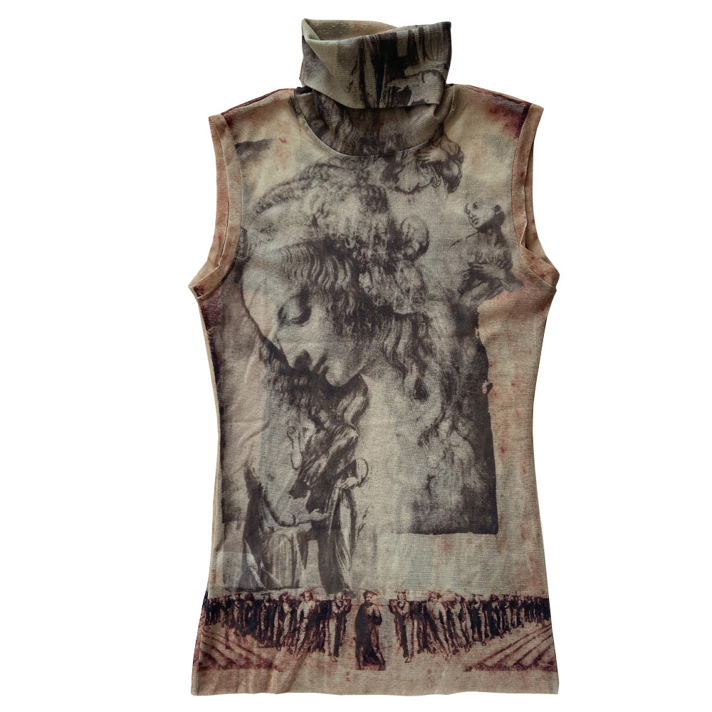 Jean Paul Gaultier religious sleeveless mesh top in black, brown, cream by Jean Paul Gaultier Femme, circa early 2000s with religious figures and angels depicted on high neck sleeveless sheer mesh top. Made in Japan