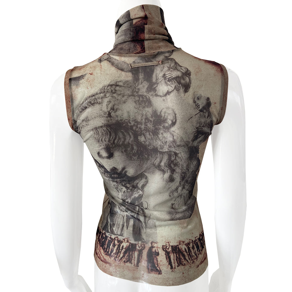 Jean Paul Gaultier religious sleeveless mesh top in black, brown, cream by Jean Paul Gaultier Femme, circa early 2000s with religious figures and angels depicted on high neck sleeveless sheer mesh top. Made in Japan