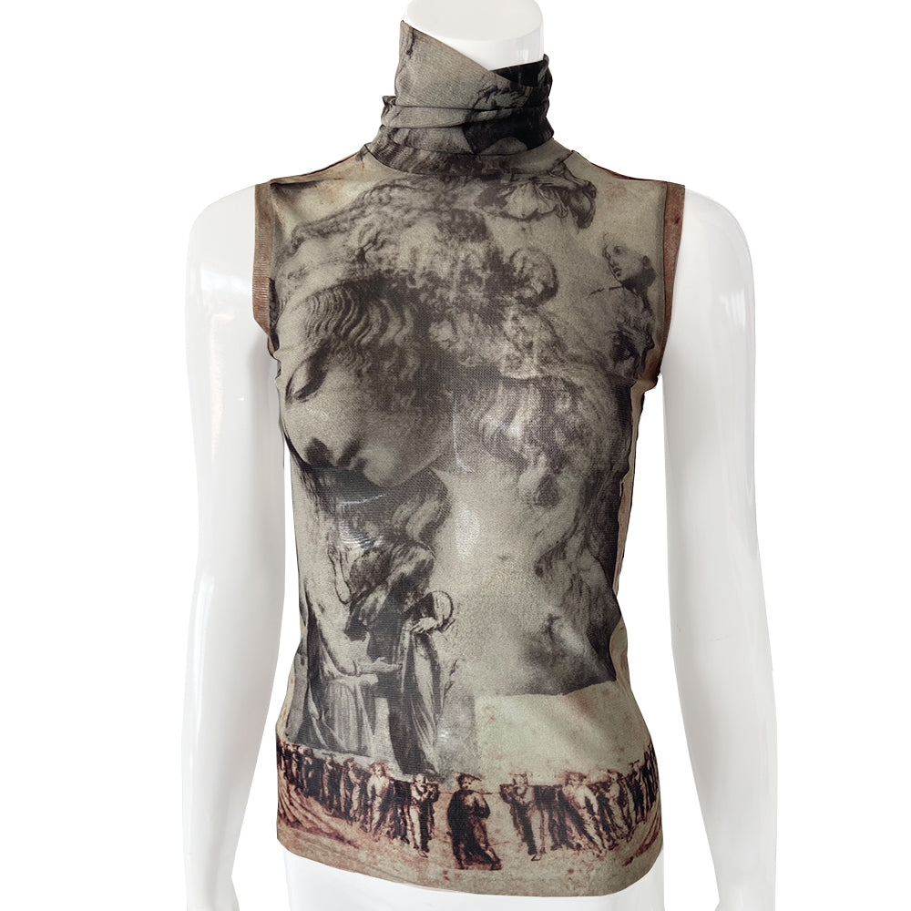 Jean Paul Gaultier religious sleeveless mesh top in black, brown, cream by Jean Paul Gaultier Femme, circa early 2000s with religious figures and angels depicted on high neck sleeveless sheer mesh top. Made in Japan