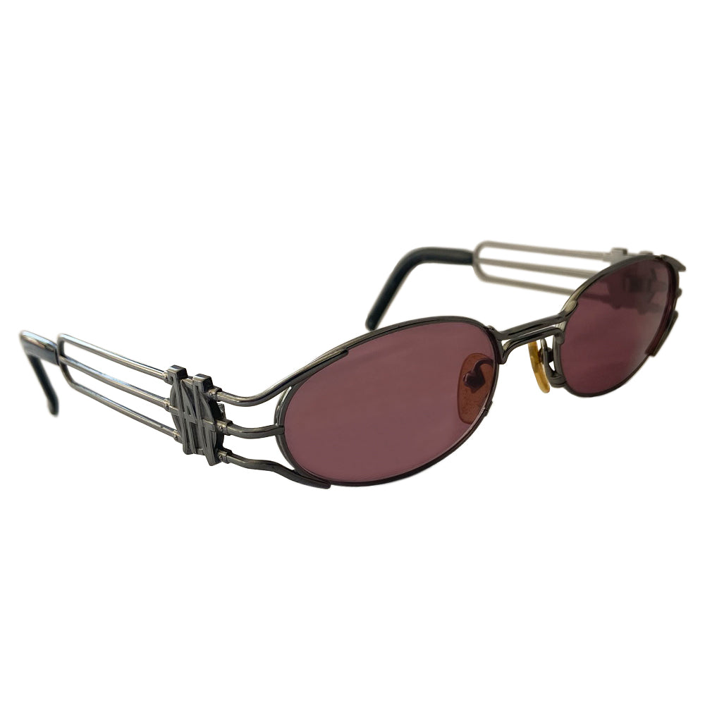 JPG oval rose lens 1990’s silver-tone metal frame sunglasses by Jean Paul Gaultier JPG 1990’s with triple bar arms attached to plastic ear piece and JPG logo at temples. 100% UV protection Style: 58-5102 Made in Japan