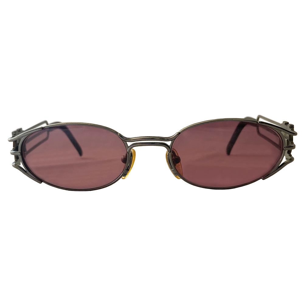 JPG oval rose lens 1990’s silver-tone metal frame sunglasses by Jean Paul Gaultier JPG 1990’s with triple bar arms attached to plastic ear piece and JPG logo at temples. 100% UV protection Style: 58-5102 Made in Japan