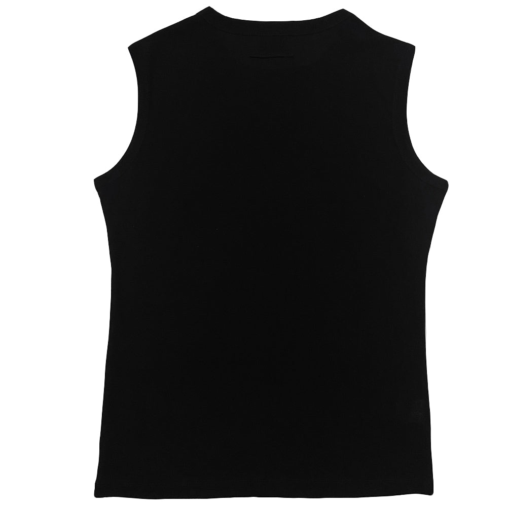Jean Paul Gaultier face print tank by Jean Paul Gaultier Homme, 2003. Crew neck sleeveless tee with portrait, printed and cursive writing. Tag size: 48 Main Color: Black, red, neutral