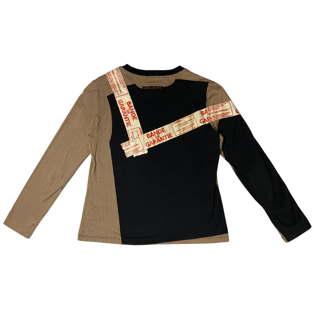 Jean Paul Gaultier, JPG label circa 90’s early 2000’s long sleeve beige pinstripe top with trompe l’oeil black tee shirt overlay and packing tape print in front and back. Tag size: 40 Main Colors: Brown, black. Made in Japan