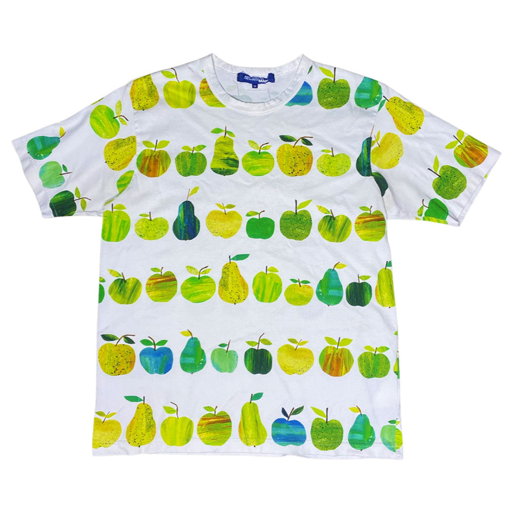 Junya Watanabe Man, circa S/S 2019 short sleeve crew neck tee with green, blue, yellow apples and pears printed all over.