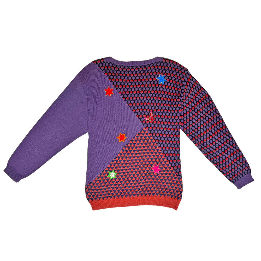 Rare 1980's Kansai Yamamoto purple & red butterfly knit sweater featuring large front embroidery with star and butterfly, embroidered patches throughout. Made in Japan