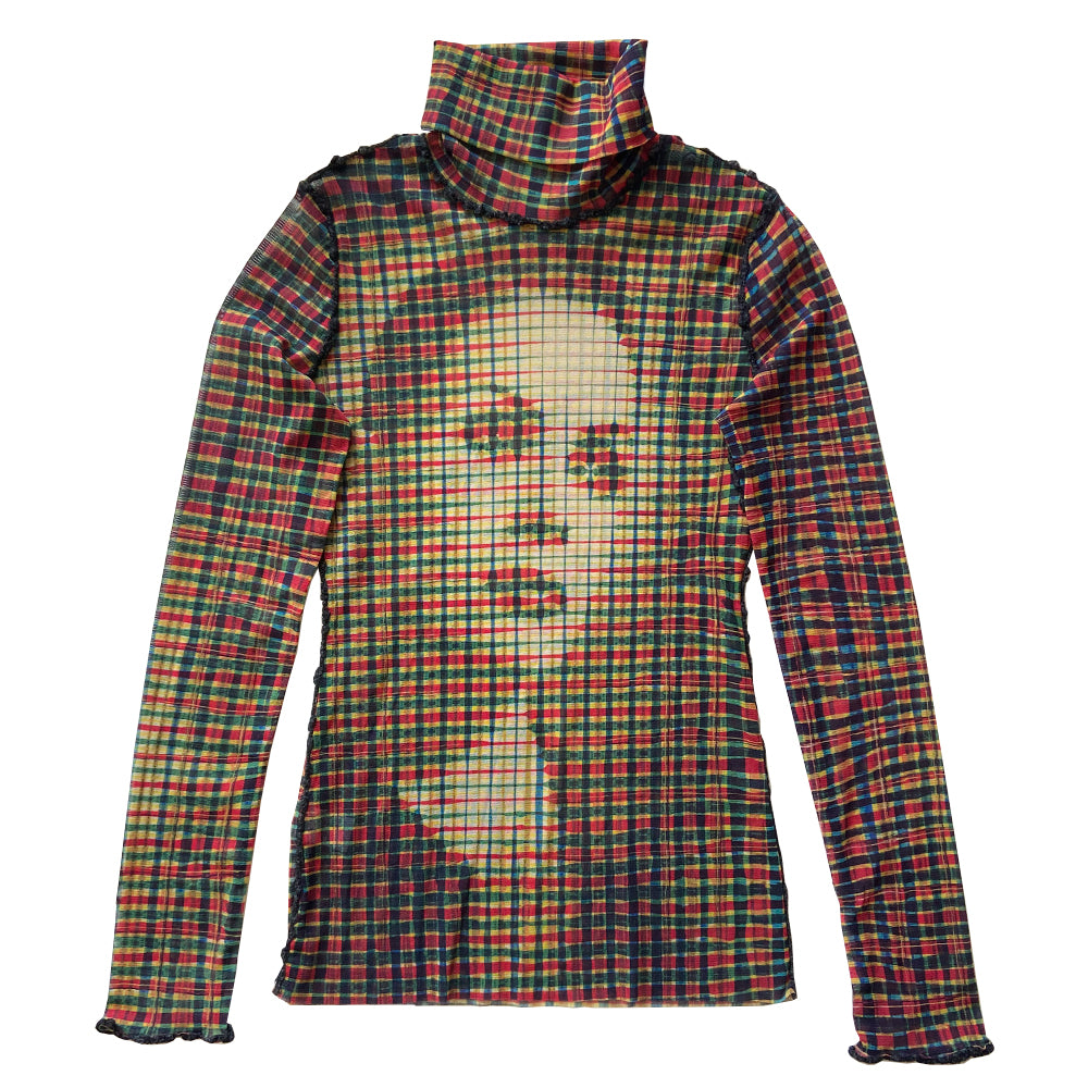 Jean Paul Gaultier illusion print green, red, blue mesh turtleneck by Jean Paul Gaultier Femme, circa 2001 with all over multicolor check print long sleeves and Illusion print woman's face on front and back, boucle trim at neckline, seams and sleeve cuffs. Color: Green, red, blue, yellow. Made in Japan.