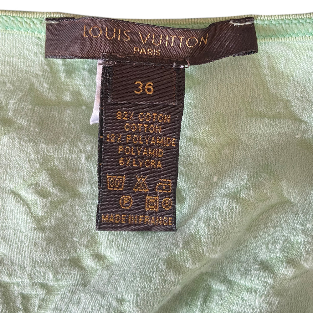 Louis Vuitton mint color all over embossed monogram velour jacket by Marc Jacobs for Louis Vuitton with deep V neckline, tonal front zip closure and logo flower zipper pulls. 2 matching vertical side zip pockets and slit sleeves. Made in France
