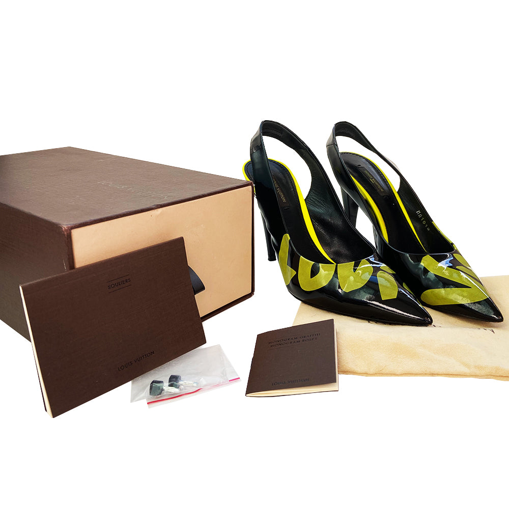 Louis Vuitton Monogram Graffiti Stephen Sprouse collection slingback heels from 2008 in patent calf leather upper and 3" patent heels, leather sole. Black with neon green Louis Vuitton graffiti with box, bags, cards, booklet, heel taps Size: IT 39. Made in Italy.