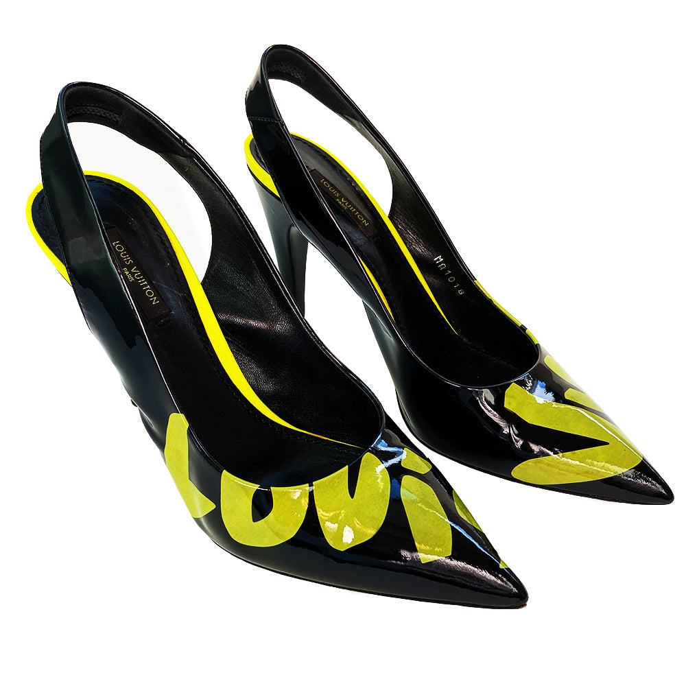 Louis Vuitton Monogram Graffiti Stephen Sprouse collection slingback heels from 2008 in patent calf leather upper and 3" patent heels, leather sole. Black with neon green Louis Vuitton graffiti Size: IT 39. Made in Italy.