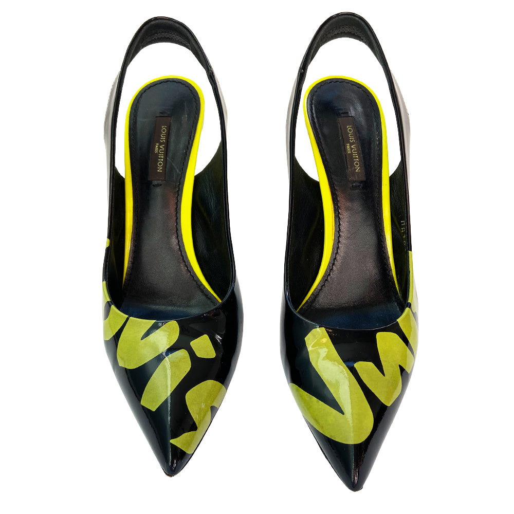 Louis Vuitton Monogram Graffiti Stephen Sprouse collection slingback heels from 2008 in patent calf leather upper and 3" patent heels, leather sole. Black with neon green Louis Vuitton graffiti Size: IT 39. Made in Italy.