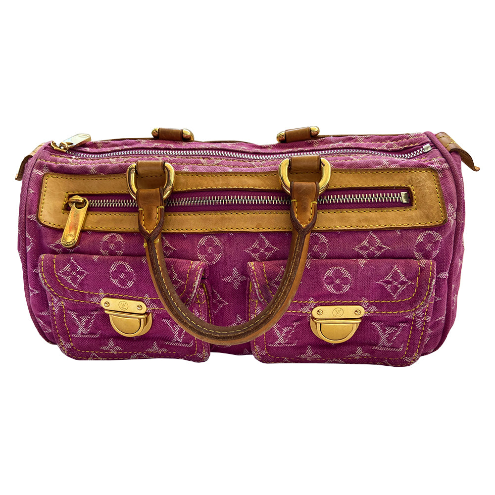 Louis Vuitton pink denim Neo Speedy Bag by Marc Jacobs for Louis Vuitton, 2005. 2 outer front pockets, gold-tone push lock closure, contrast stitching. Vachetta leather trimmed exterior, zippered pocket, 2 rolled vachetta leather handles. Top zipper, pink alcantara lining, interior slip pocket. Date code is visible. Made in France