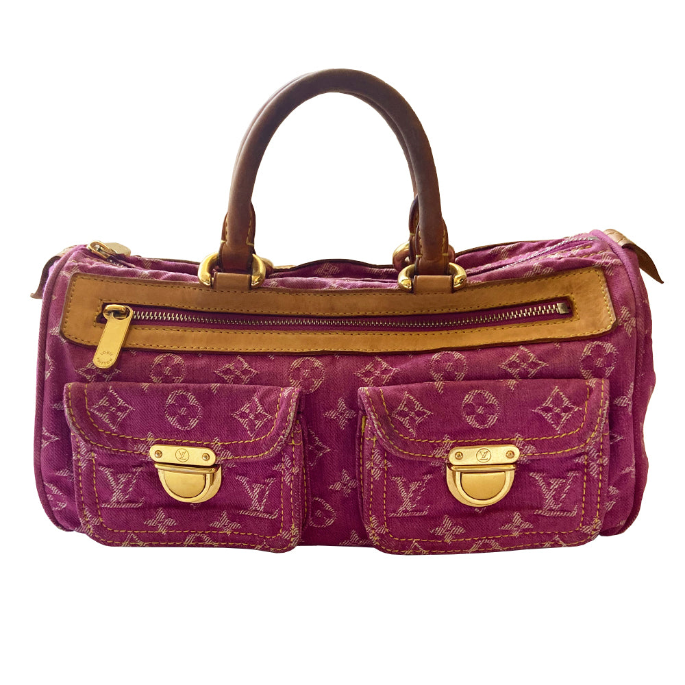 Louis Vuitton pink denim Neo Speedy Bag by Marc Jacobs for Louis Vuitton, 2005. 2 outer front pockets, gold-tone push lock closure, contrast stitching. Vachetta leather trimmed exterior, zippered pocket, 2 rolled vachetta leather handles. Top zipper, pink alcantara lining, interior slip pocket. Date code is visible. Made in France