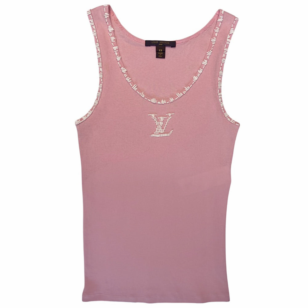Louis Vuitton pink rib knit tank top with white beaded LV logo at center chest and accent at neckline and around arm holes by Marc Jacobs for Louis Vuitton. Made in Italy