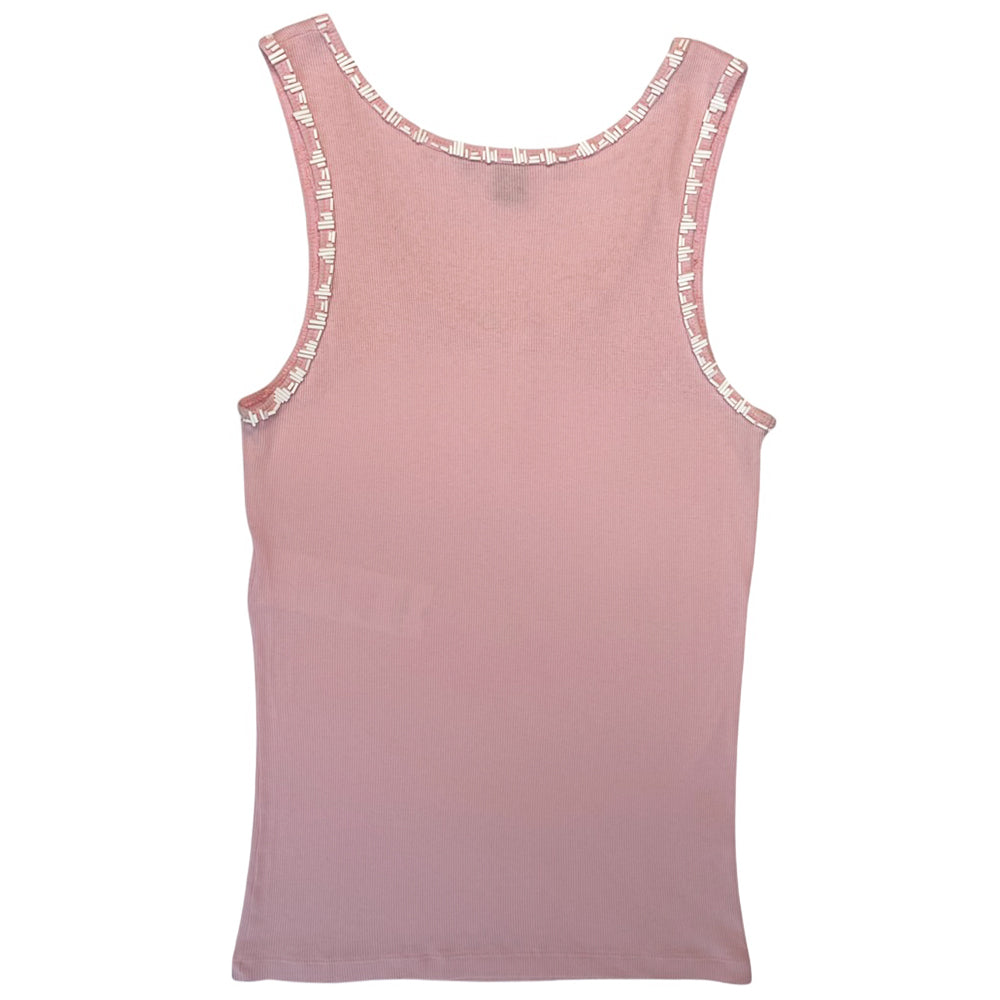 Louis Vuitton pink rib knit tank top with white beaded LV logo at center chest and accent at neckline and around arm holes by Marc Jacobs for Louis Vuitton. Made in Italy