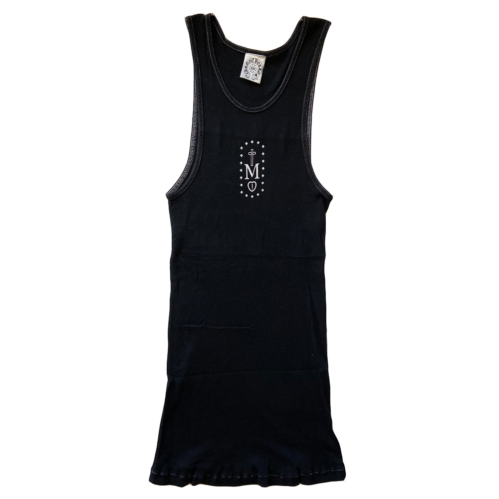 Chrome Hearts black Mapplethorpe tank, limited and rare from 2007 Mapplethorpe collaboration. Single front M with cross and heart design surrounded by tiny crosses, Chrome Hearts Mapplethorpe on back with Chrome Hearts scroll at bottom back hemline. Made in USA