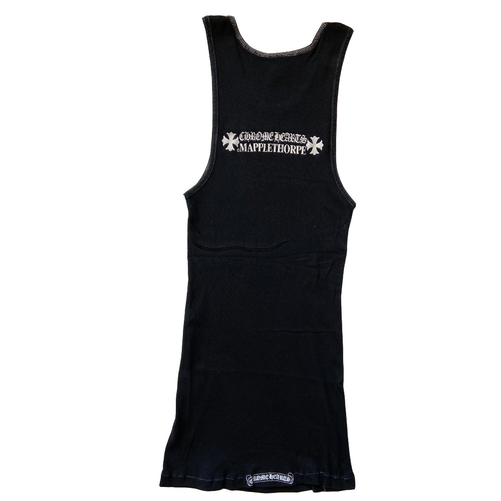 Chrome Hearts black Mapplethorpe tank, limited and rare from 2007 Mapplethorpe collaboration. Single front M with cross and heart design surrounded by tiny crosses, Chrome Hearts Mapplethorpe on back with Chrome Hearts scroll at bottom back hemline. Made in USA