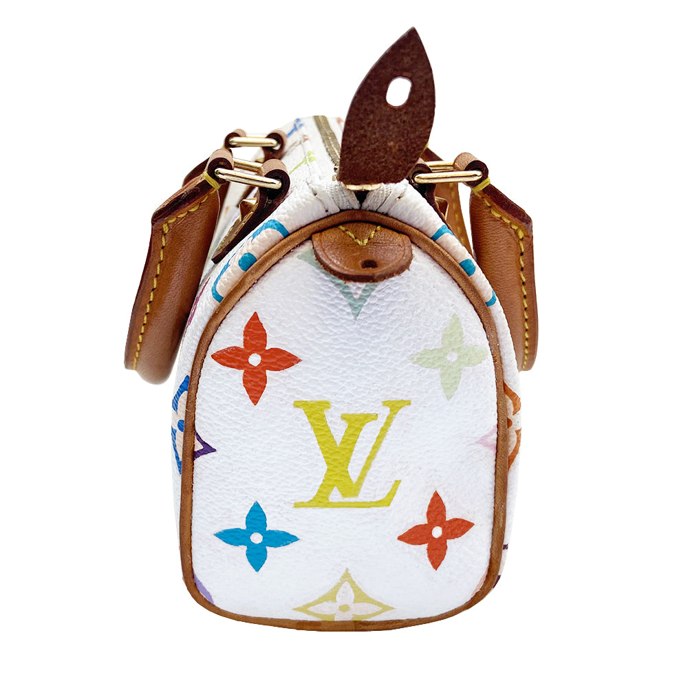 Louis Vuitton white multicolor nano speedy bag from Takashi Murakami x Louis Vuitton collaboration, 2003. 33 colors on white coated canvas, top zip closure, burgundy alcantara interior, vachetta leather handles, piping and accent, gold-tone hardware. Interior date code numbers partially worn off. Duster included. Made in France